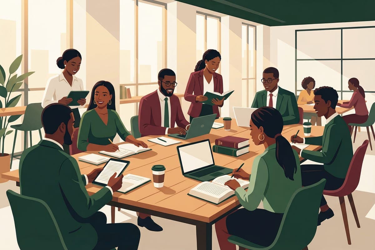 Nigerian law students studying together in a modern co-working space